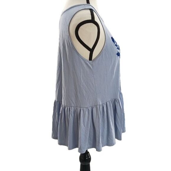 Alya Sleeveless Blouse Blue Flowy Ruffle V Neck Embroidered Womens Size M - Picture 3 of 6
